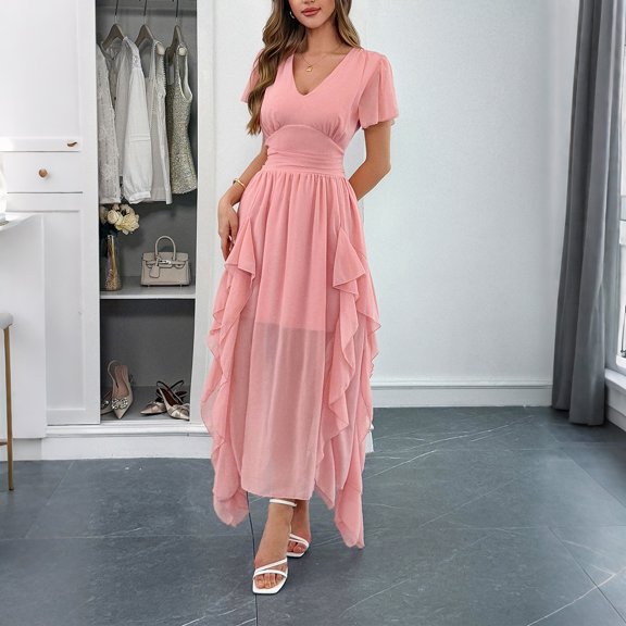 2026 European and American New Style Women's Dusty Pink V Neck Flutter Short Sleeve Maxi Dress, High Waist Irregular Ruffle Sheer Chiffon Long Sundress with Liner