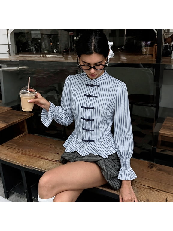 2026 European and American New Women's Striped Mandarin Collar Blouse Long Sleeve Smocked Flare Cuff Shirt with Frog Buttons and Ruffled Hem
