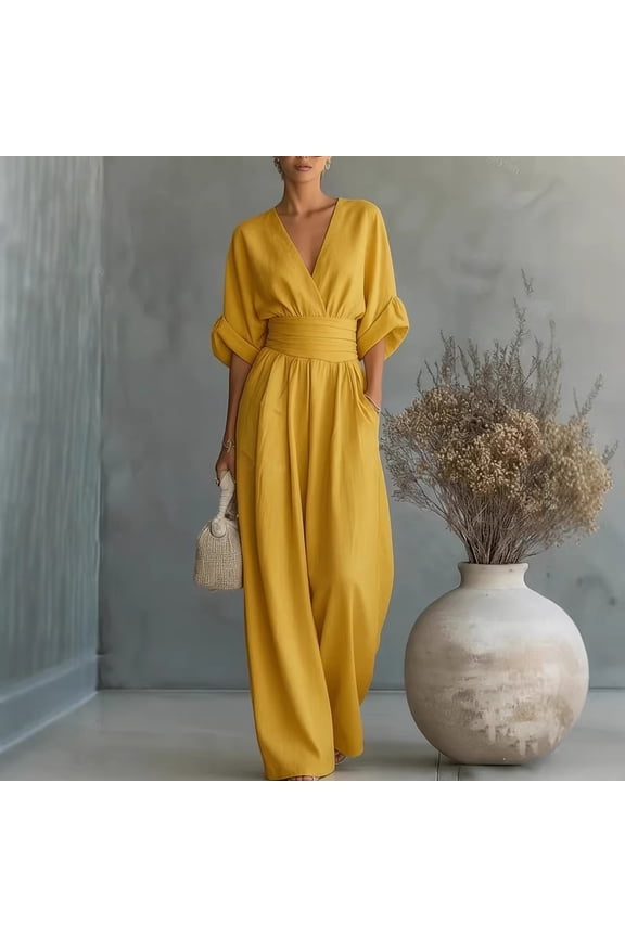 2026 European and American Spring/Summer New Elegant Waist-Cinching V-Neck Women's Jumpsuit