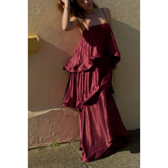 2026 European and American Spring/Summer New Satin Strap Multi-layer Dress INS Casual Loose Vacation Dress