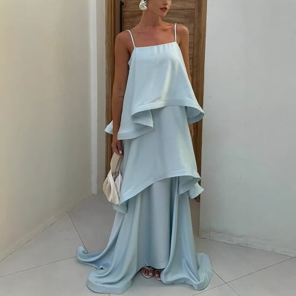 2026 European and American Spring/Summer New Satin Strap Multi-layer Dress INS Casual Loose Vacation Dress