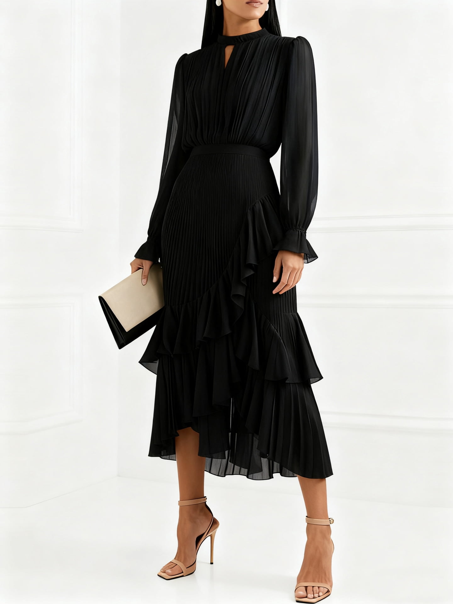 mock neck gathered sleeve layered ruffle detail dress 2026 European and American Spring/Summer New Women's Mock Neck Long Puff  Sleeve Pleated Asymmetrical Tiered Ruffle Midi Dress
