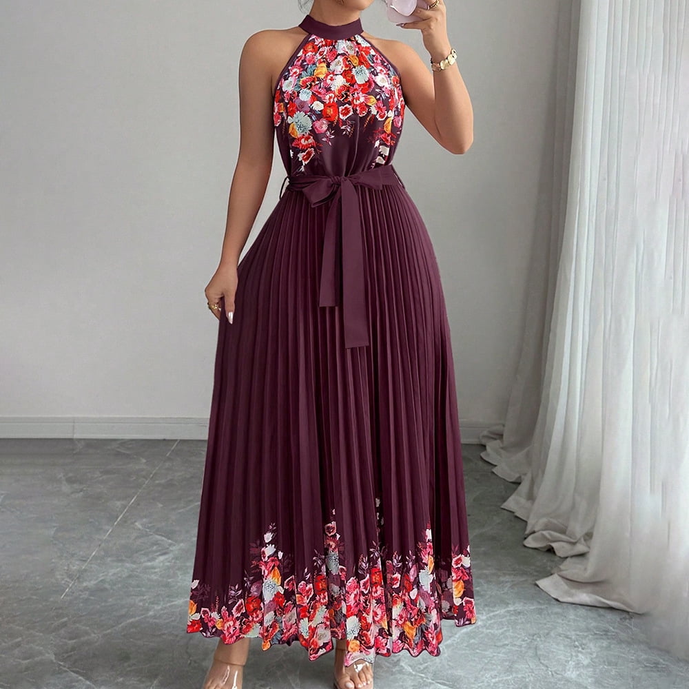 halter pleated midi dress 2026 European and American Summer New Style Women's Floral Print Self Tie Waist Sleeveless Flowy Summer Party Long Dress okk_type:LONG KAFTAN