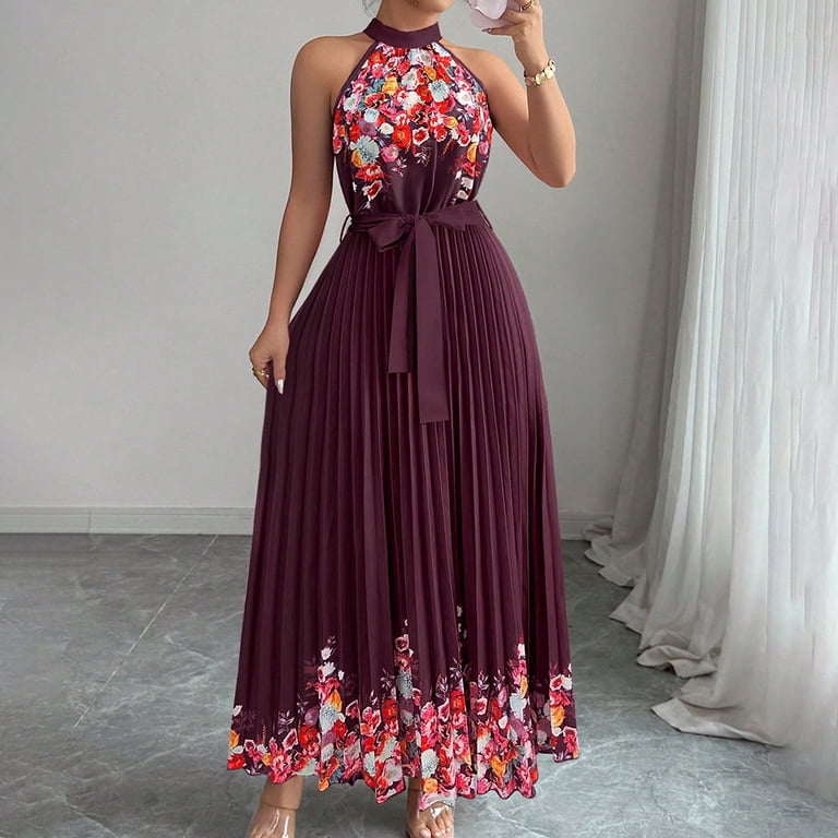 2026 European and American Summer New Style Women's Halter Floral Print Pleated Midi Dress Self Tie Waist Sleeveless Flowy Summer Party Long Dress