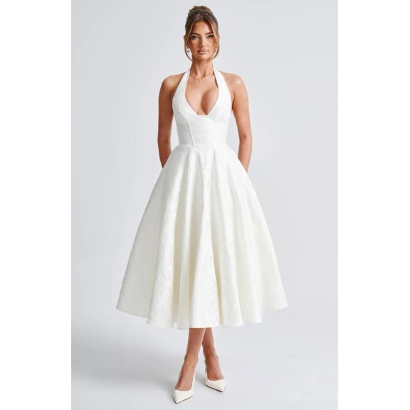 2026 European and American V-neck halter neck jacquard dress, high-end evening gown, spring/summer elegant sleeveless backless waist-cinching dress