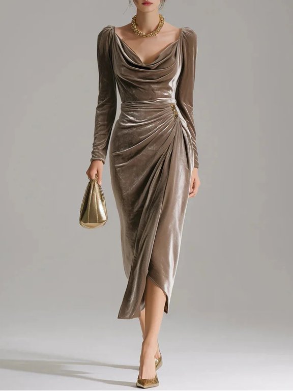 2026 European and American Women's Casual Gold Velvet Sexy New Long-Sleeve Slim Pleated Long Split Bodycon Dress