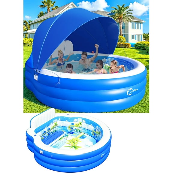 2026 Extra Large Upgraded Inflatable Pool with Canopy,Inflatable Family Lounge Pool,Round Blow Up Pool for Adult with Bench&Backrest,Swim Center Easy Backyard Pools for Kids & Adults90*90"*80"