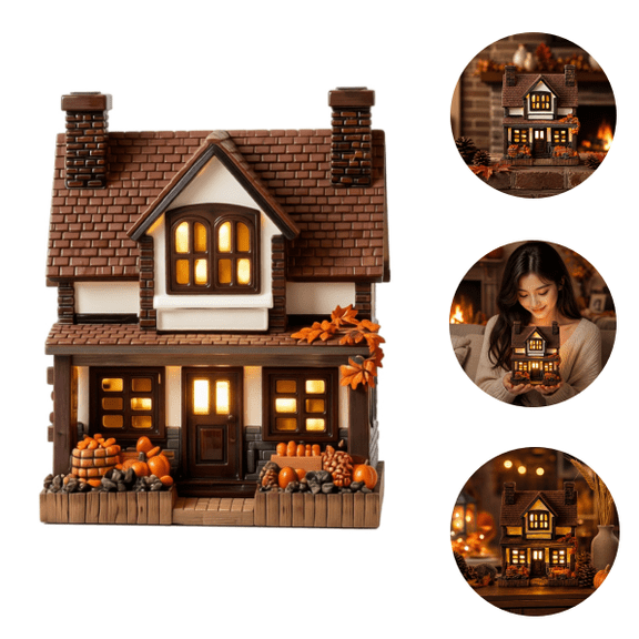 2026 Fall Pumpkin Light Up House Set, Resin Pumpkin Cottage Figurines with LED Lights for Autumn and Thanksgiving Decor