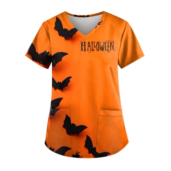 Fall Spooky Season Halloween Graphic Tops For Women Slim Fit V Neck Short Sleeve Funny Nurse Scrub Shirts Multi Pocket Hospital Clinic Workwear Orange XL