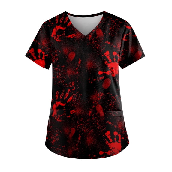 2026 Fall Spooky Season Halloween Graphic Tops For Women Slim Fit V Neck Short Sleeve Funny Nurse Scrub Shirts Multi Pocket Hospital Clinic Workwear Red S
