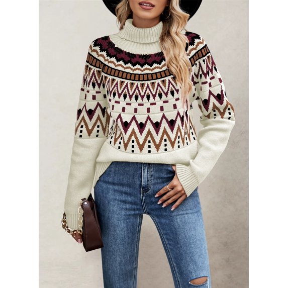 2026 Fall/Winter New Women's Turtleneck Geometric Fair Isle Pattern Long Sleeve Knit Sweater
