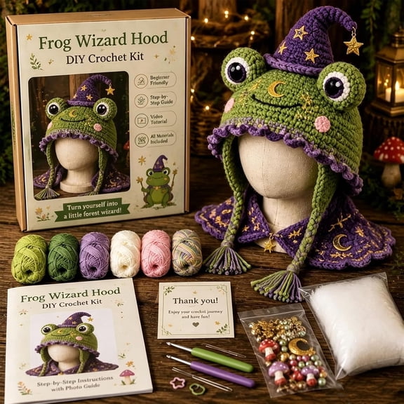 2026 Fantasy Hood Hat DIY Crochet Kit Series,Animal Crochet Kit for Beginners with Step-by-Step Instructions,All-in-One Complete Set for Dragon Fox Wolf Frog Rainbow Hoods,Craft Gift