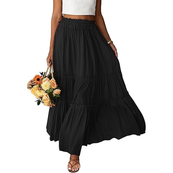 2026 Fashion Boho Long Skirt Trendy Maxi Skirt Flowy Swing Ruffle Tiered Elastic High Waist Skirts