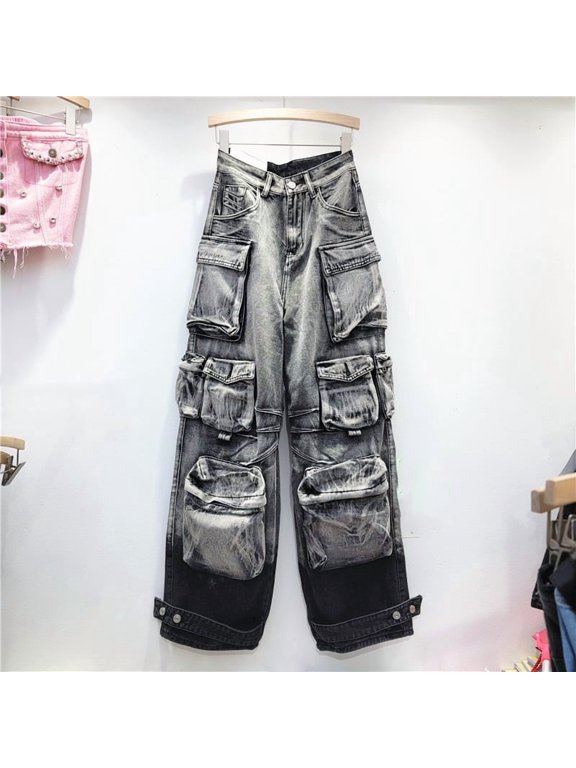 2026 Fashion New Street Style Large Pocket Design Washed Gradient Cargo Paratrooper Pants Casual Jeans Women Trendy Pants