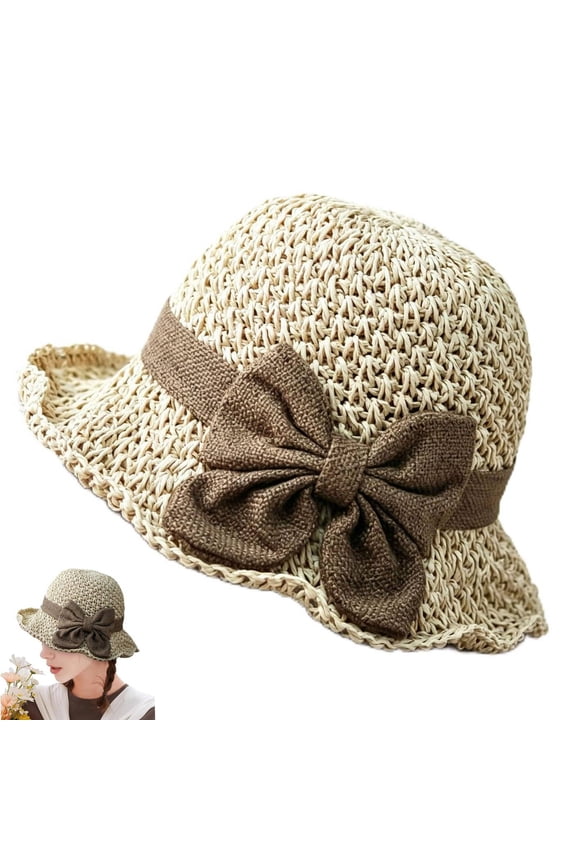 2026 Fashion Women Beach Straw Sun Hat Cute Bow Versatile Retro Handmade Hat With Ruffled Bow Summer Foldable Breathable Bucket Hat for Women M Color Beige
