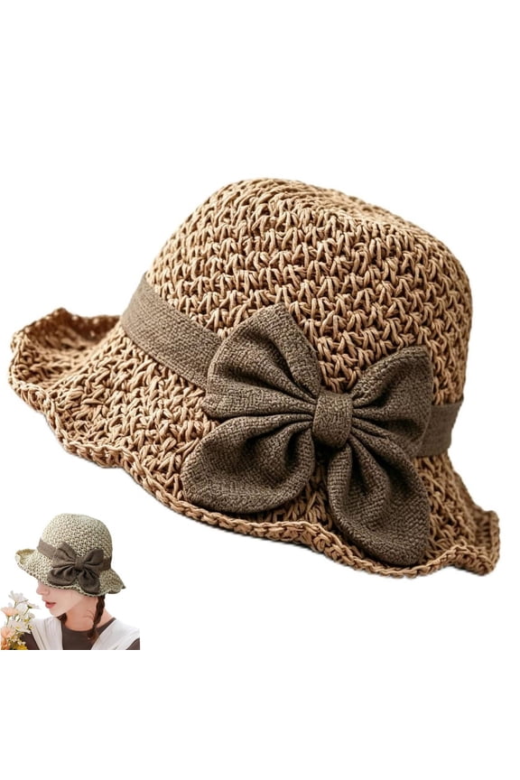 2026 Fashion Women Beach Straw Sun Hat Cute Bow Versatile Retro Handmade Hat With Ruffled Bow Summer Foldable Breathable Bucket Hat for Women M Color Brown