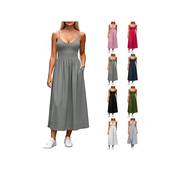 2026 Fashion Women Dresses Summer Fashion Solid Color Loose Sleeveless V-neck Double Pocket Dress S-2XL