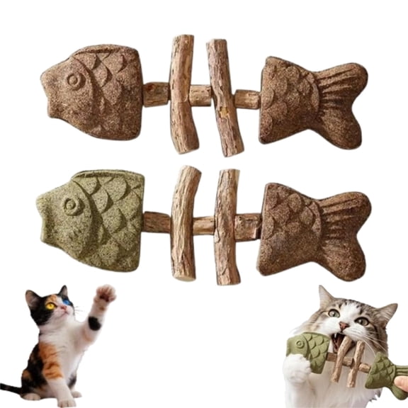 2026 Fishbone Feline Dental Chew Toy, Edible Natural Catnip Silvervine Wooden Stick to Fix Cat Oral Problems, Boredom Relief Toy for Domestic Indoor House Pet Cats of All Life Stages (2 Pack)