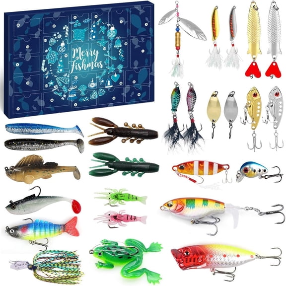 2026 Fishing Tackle Advent Calendar, 24-Day Merry Fishmas Countdown Box with Assorted Lures Soft Baits Spoons & Hooks, Angler Holiday Gift Set for Adult Fishermen & Collectors
