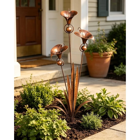 Flamed Copper Calla Lily Garden Stake with Bells, Handcrafted Metal Flower Wind Chimes, Perfect Patio & Backyard Decor Gift