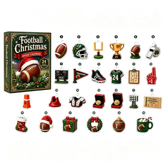 2026 Football Christmas Advent Calendar, 24 Days Xmas Countdown Calendar American Football Themed 2D Acrylic Ornaments, Collectible Surprise Gift Box Stocking Stuffer for Football Fans