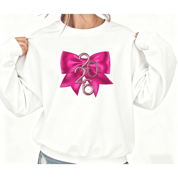 2026 Fuchsia Satin Bow Pink New Year Graphic Sweatshirt White S-3XL Casual fashion priint