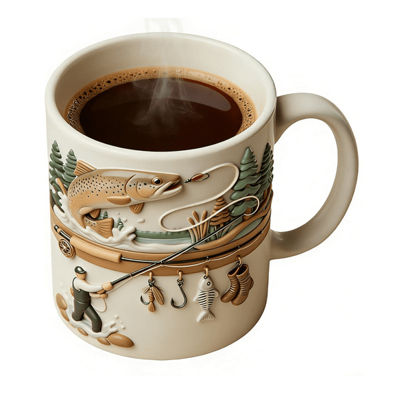 2026 Funny Fishing Mug,2D Fish Coffee Mug, Novelty Fly Fish Mugs For Men,15oz Ceramic Drinkware, Fishing Gift For Men Home Water Tea Whiskey