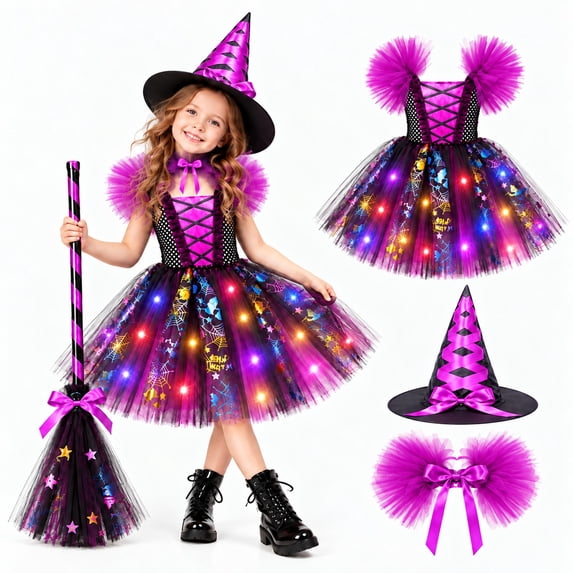 2026 G`irls Halloween LED Light Up Witch Tutu Dress Set, 5 Piece Outfit with Hat Broom Collar for Holiday Party 3-16 Years