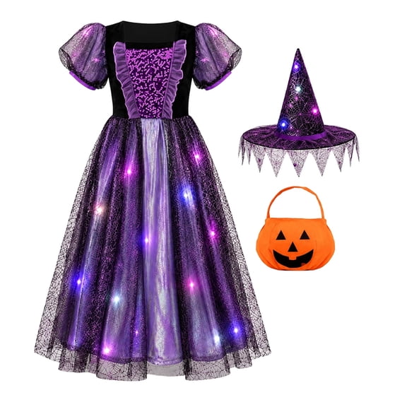 2026 G`irls Halloween Witch Costume, Purple Glitter LED Light Up Dress with Witch Hat Pumpkin Bag for Party Dress Up, 3-10 Years