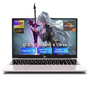 2026 Gaming Laptop, 17.3" AMD Ryzen 7 7735HS 16GB DDR5 RAM 512GB SSD (8C/16T, Beats i7-12650H) IPS FHD Computer with Radeon 680M, 100W Type-C, WiFi-6E, Fingerprint, Backlit KB for Business RoseGold