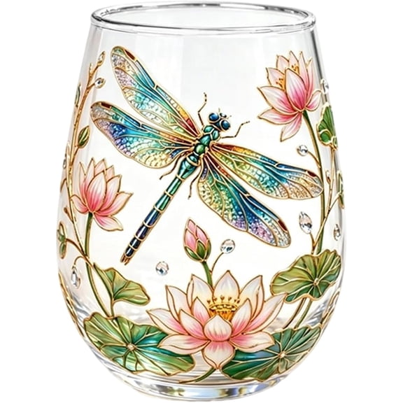 2026 Garden Dragonfly Dawn Glass Tea Cup, 14oz Elegant Gold Rimmed Glassware, Flip-Open Transparent Cup, Natural Art Decorated Women's Mother Wife Roller Gift