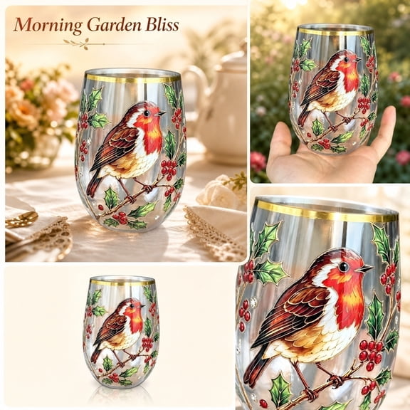2026 Garden Hummingbird Morning Bliss Glass Tea Cup Elegant Gold Rim Clear Stemless Tumbler, Nature Floral Hummingbird Decor Glassware for Loose Leaf Tea Coffee Wine, Ideal Gift for Mom Wife Women