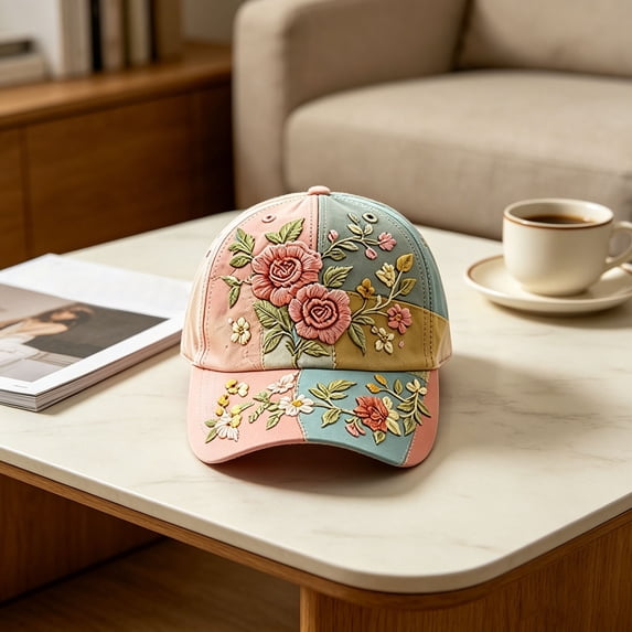 2026 Garden Morning Baseball Cap, Floral & Bird Embroidered Lightweight Sun Hat, Adjustable Casual Outdoor Baseball Cap (A)