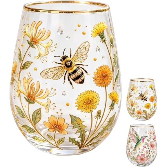 2026 Garden Morning Bliss Glass Tea Cup, Embossed Hummingbird Floral Clear Glass Mug Set, 14 oz Decorative Tea and Coffee Cups with Gold Rim for Hot and Cold Drinks (Bee,1pc)
