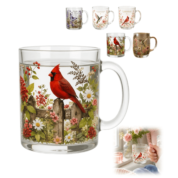 2026 Garden Morning Bliss Glass Tea Cup, hummingbird morning bliss glass cup with handle, Honey Bee garden style cup, multipurpose beverage mug D