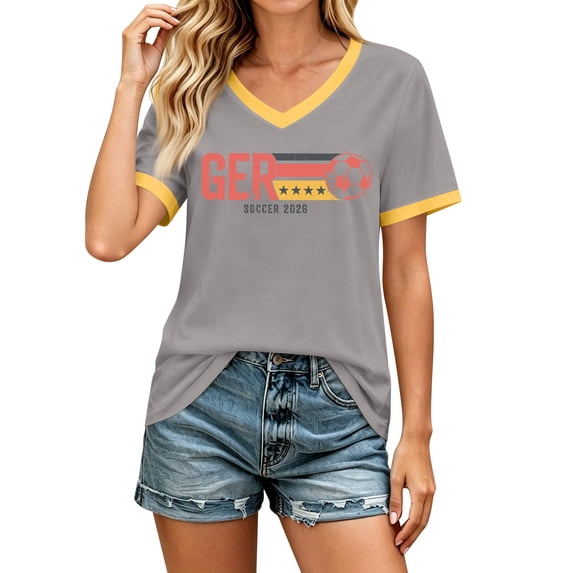 2026 Germany Soccer Jersey for Women, V-Neck Short Sleeve Vintage Germany Soccer T'shirt, Slim Fit Sportswear Shirt for Weekend Tournament Casual Streetwear Daily Outfit (Gray, L)