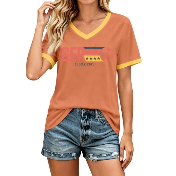 2026 Germany Soccer Jersey for Women, V-Neck Short Sleeve Vintage Germany Soccer T'shirt, Slim Fit Sportswear Shirt for Weekend Tournament Casual Streetwear Daily Outfit (Orange, XXL)