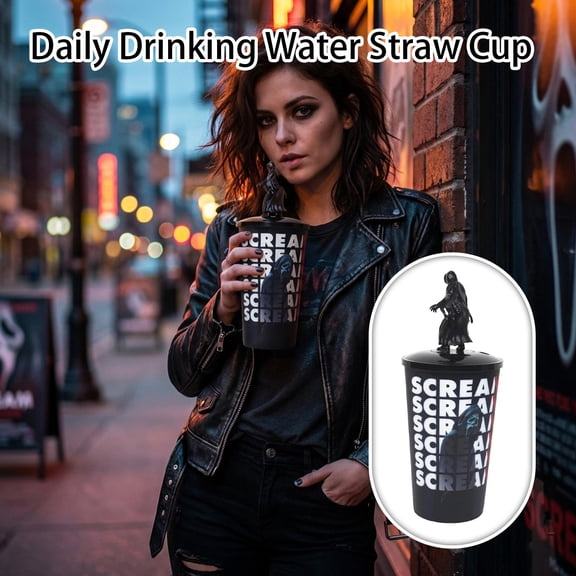 2026 Ghost Face Horror Themed Cup – Large 3D Figurine Lid, Textured Black Exterior, BPA-Free Plastic, Spooky Desk Decor & Fan Collectible