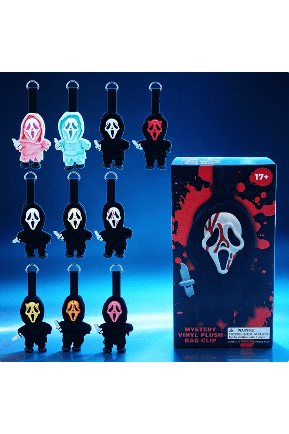 2026 Ghost Face Mystery Plush Bag Clip, Random 1PC Horror Mask Plush Charm for Backpack Key Ring Purse Zipper, Spooky Character Keychain Accessory Adult Collector Display