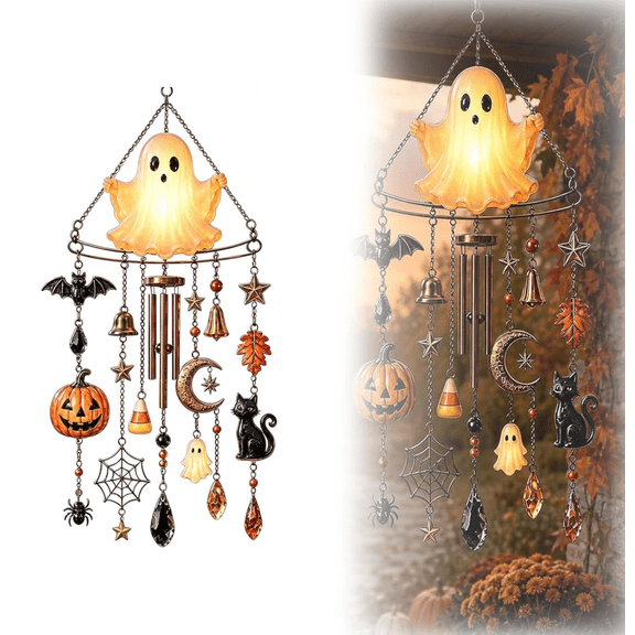 2026 Ghost Halloween Wind Chime with Button Battery Lights, Decorative Hanging Wind Bell, Great Gift for Halloween Lovers Outdoor Decor Collectors