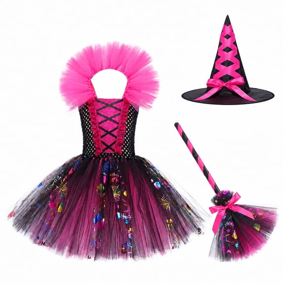 2026 Girls Halloween Witch Tutu Dress Set, 4 Piece Bright Pink Outfit with Hat Broom Collar for Holiday Party 3-16 Years