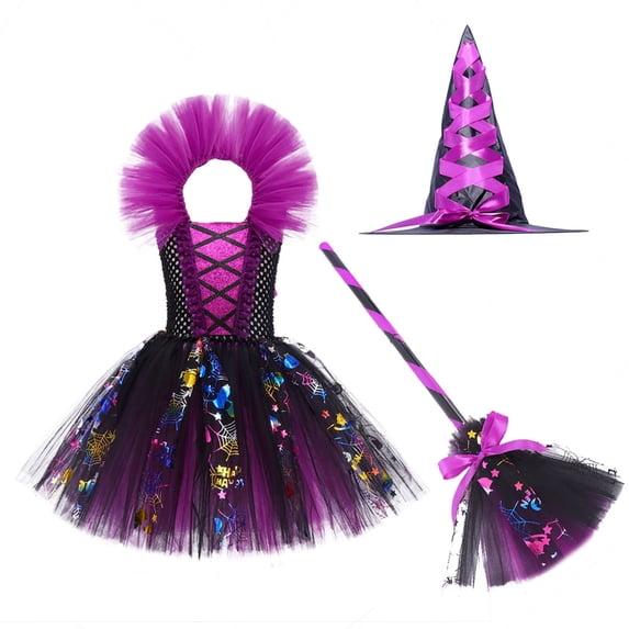 2026 Girls Halloween Witch Tutu Dress Set, 4 Piece Outfit with Hat Broom Collar for Holiday Party 3-16 Years