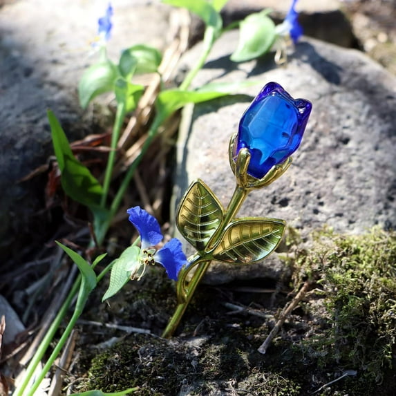 2026 Glass Rose Mini Crystal Flower Artificial Flowers Valentine's Day Wedding Party Gift Room Ornament Office Desktop Decoration (Gold Rod Blue Crystal)