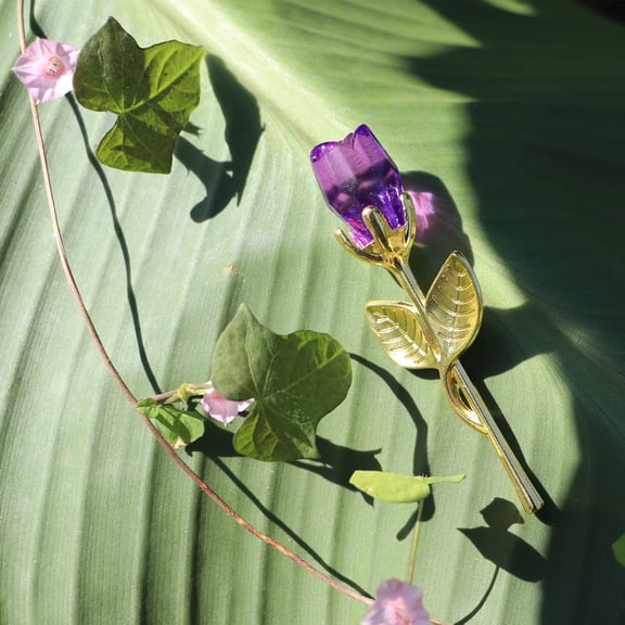 2026 Glass Rose Mini Crystal Flower Artificial Flowers Valentine's Day Wedding Party Gift Room Ornament Office Desktop Decoration (Gold Rod Purple Crystal)