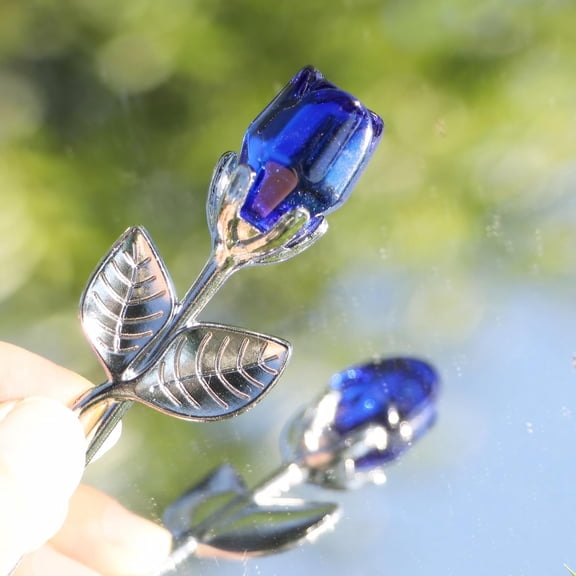 2026 Glass Rose Mini Crystal Flower Artificial Flowers Valentine's Day Wedding Party Gift Room Ornament Office Desktop Decoration (Silver Rod Blue Crystal)