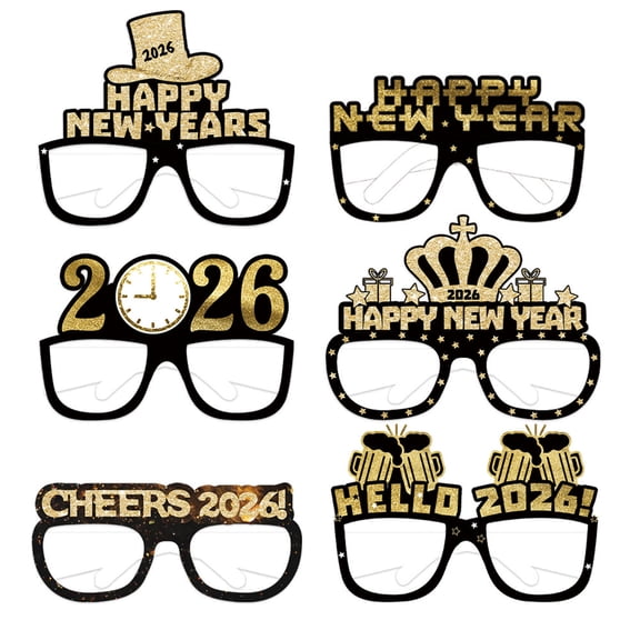 2026 Glasses New Years - Pack of 6 | Happy New Year Glasses, New Years Eve Party Supplies 2026 | New Years Photo Booth Props, New Years Decorations 2026 | NYE Party Favors, NYE Decorations