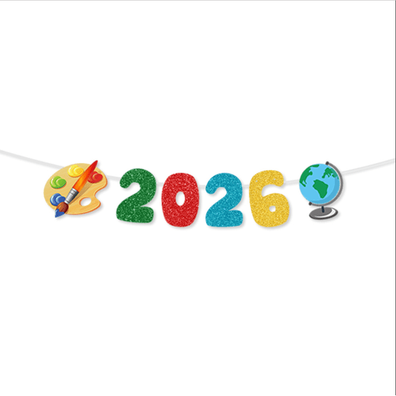 2026 Glitter Banner, Colorful New Year Party Decoration with Paint Palette and Globe, Hanging Garland