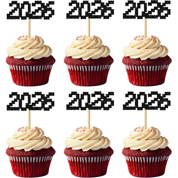 2026 Glitter Cupcake Toppers, Black, New Year's Eve Party Decorations, Graduation, 12 Pack