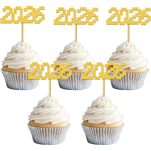 2026 Glitter Cupcake Toppers, Gold, New Year's Eve Party Decorations, Graduation, 12 Pack