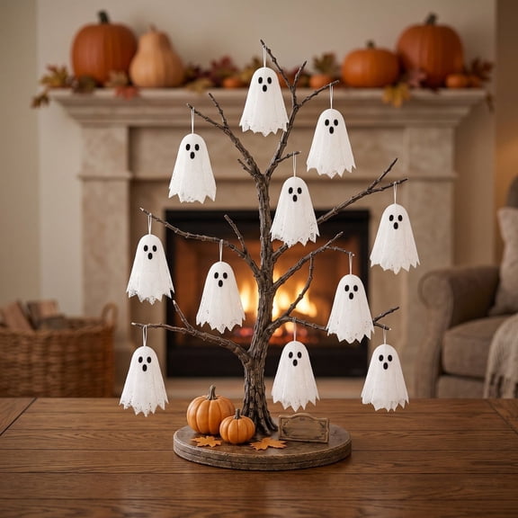 2026 Glowing Ghost Tree Halloween Tabletop Decor, Halloween Spooky Ghost Lighted Tree Decoration with Pumpkin Boo Sign, Glowing Face LED Lighting, Indoor Home Party Room Gift